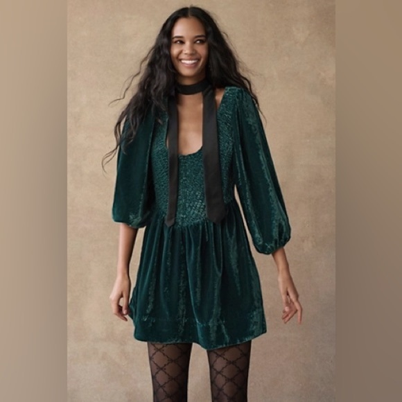 Free People Dresses & Skirts - Free People Farrier A-Line Smocked Velvet Mini Dress Green Small